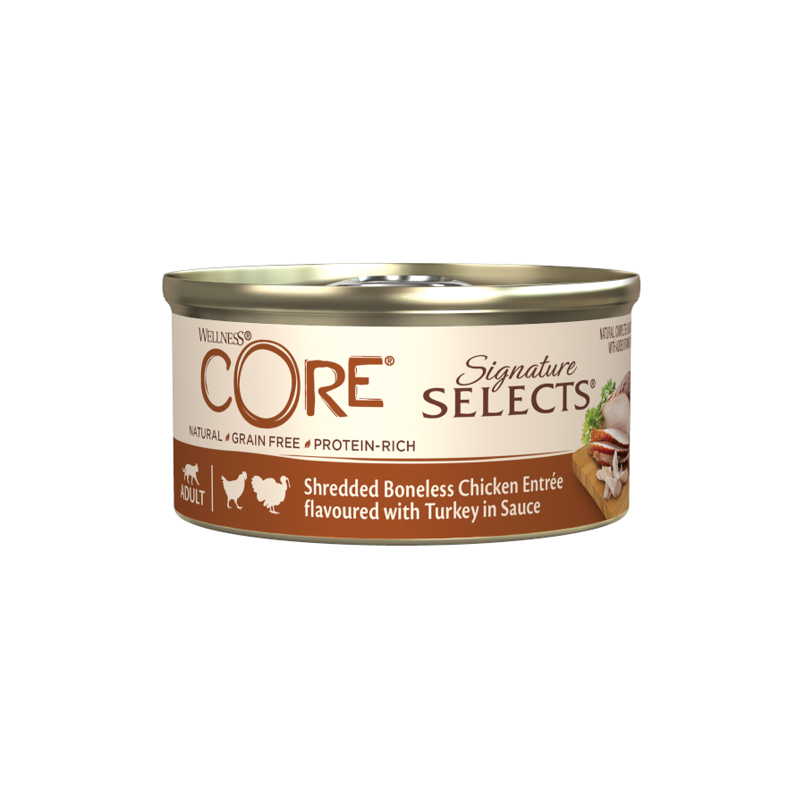 Wellness Core Shredded frango e peru lata para gatos